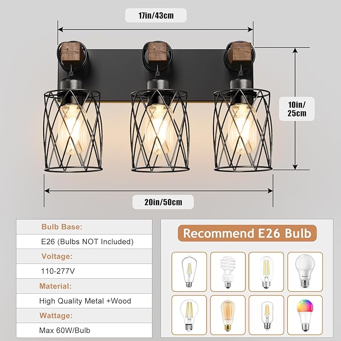 IZORRO Farmhouse Bathroom Vanity Light, 3-Light Wood Bathroom Light Fixtures Over Mirror, Black Industrial Vanity Lights with Metal Shade, Rustic Restroom Lighting Fixtures