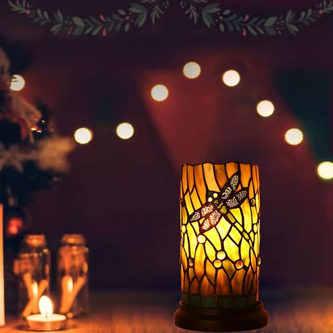Tiffany Style Table Lamp for Bedroom Baroque Stained Glass Nightstand Bedside Night Lamp Party Light Hand-Made Art Home Deco Christmas Gifts W/ 2 LED Bulbs (3 Color Temperatures+Flame Bulb)