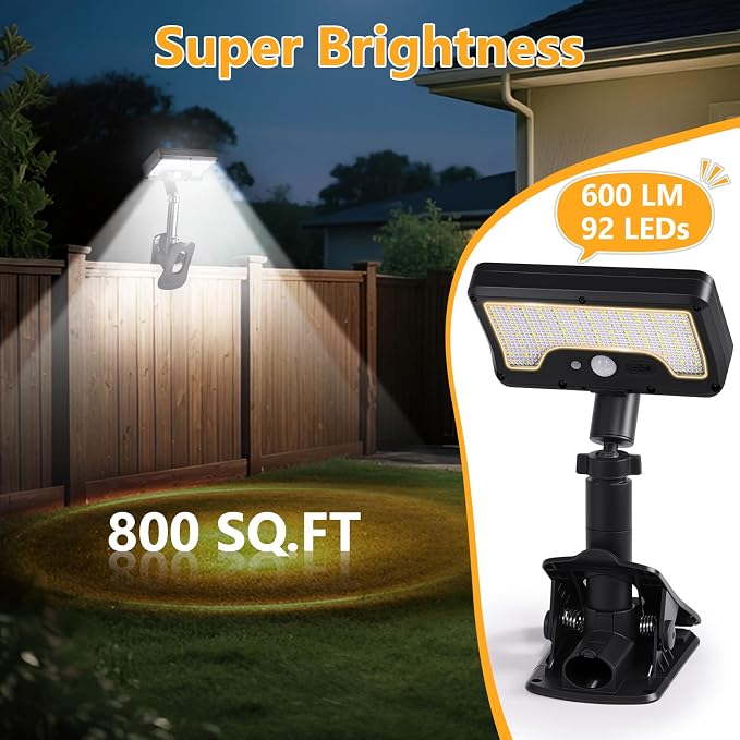 Clip On Solar Lights Outdoor with Motion Sensor, 360°Rotatable & Vertically Adjustable Solar Fence Lights with 92 LEDs (600 LM, 6000 K),IP65 waterproof Security light for deck, Gutter, Camping(2 Pack)