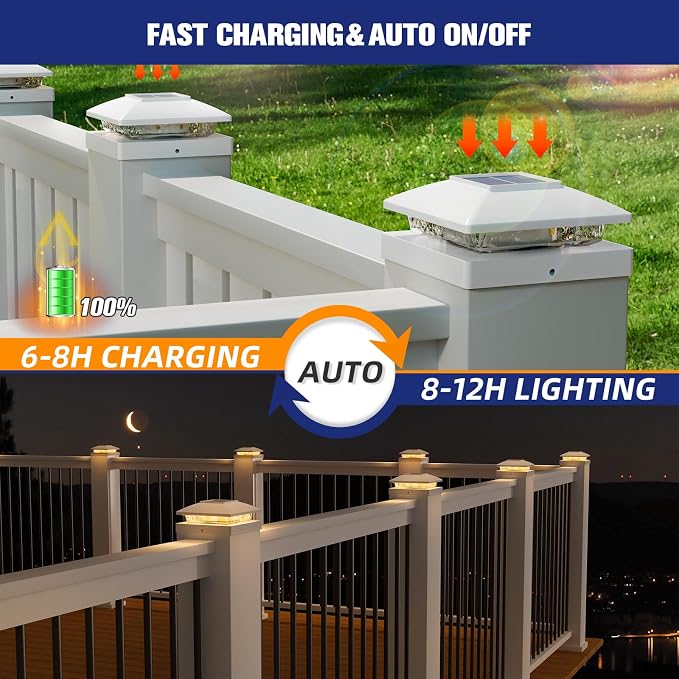 APONUO Solar Post Cap Lights for 4x4 5x5 Posts - IP64 Waterproof, 3000K LED, No-Wire Fence Lights & Deck Lights for Patio Garden Yard Patio, White-Warm White, 16 Pack