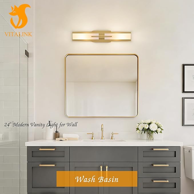 VitaLink Gold Vanity Light, 24” Modern Bathroom Wall Light Over Vanity Mirror 2-Light Hardwired Milky White Glass Wall Light for Bedroom Living Room Dining Room Hallway