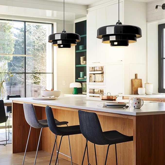 Black Mid Century Pendant Light, 59" Adjustable Hanging Cord with 3-Layer Metal Shade, Modern Chandelier for Dining Room, Kitchen Island, and Bedroom