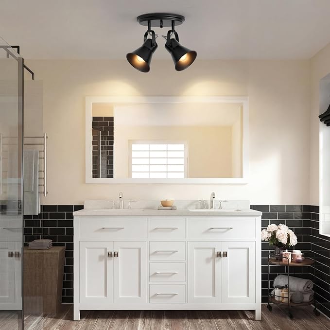 SEEBLEN Black Kitchen Lighting Fixtures Ceiling, 2-Light Adjustable Track Light, Flush Mount Directional Ceiling Light for Hallway, Dining Room, Bathroom