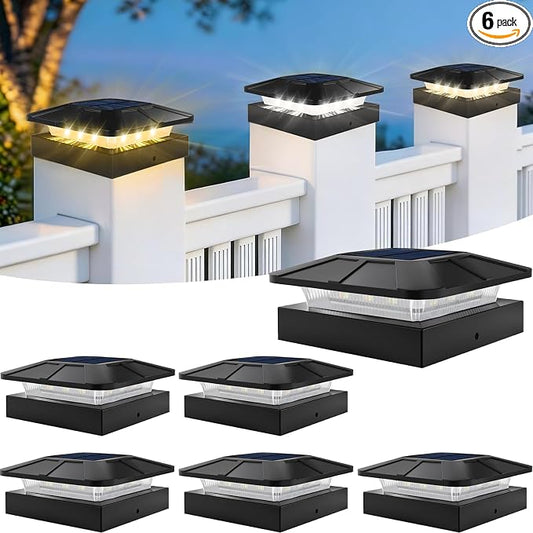 4x4 Post Solar Lights, 3 Colors Solar Fence Lights, 2 Brightness Solar Post Cap Lights Waterproof, Deck Lights for Wood/Vinyl Posts, Garden, Patio, Stripe Light, 6 Pack