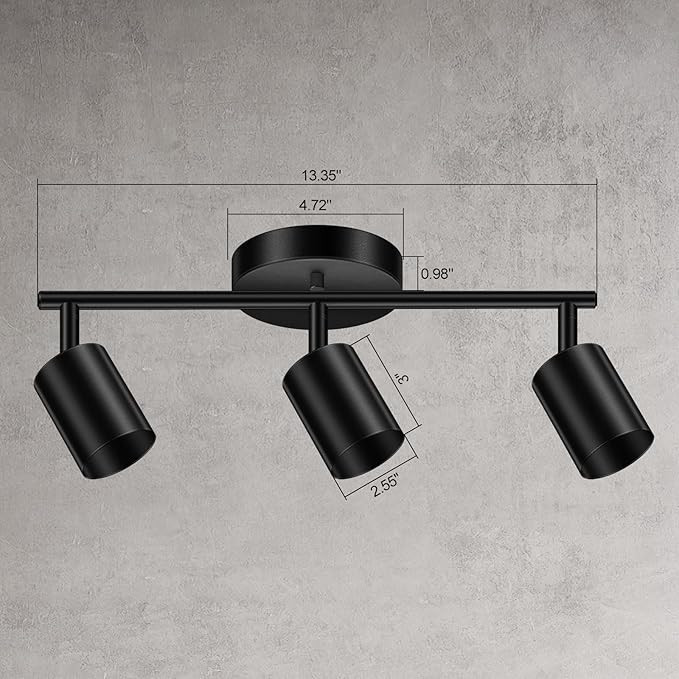 LED Track Lighting Fixtures Ceiling, Black 3-Light Track Lights for Kitchen, 3 Way Ceiling Spotlight, Flexibly Rotatable Wall Mount Light Head for Bedroom Hallway, Bulb Not Included