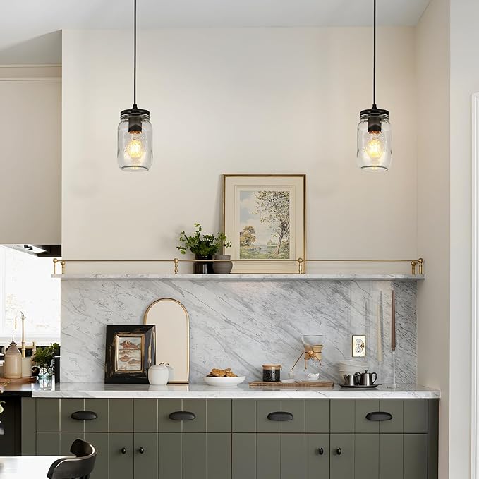 Glass Pendant Lights Kitchen Island, 1-Light Black Pendant Light Fixtures with Mason Jar Clear Glass Shade, Farmhouse Hanging Light for Kitchen Sink Dining Room Bedroom Hallway