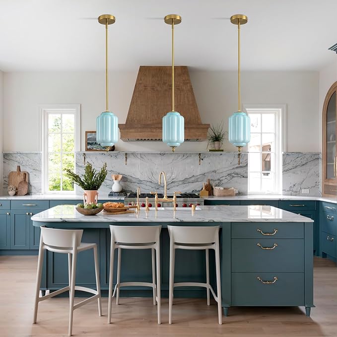 Vintage Blue Glass Pendant Lights 5.5 Inch Mid Century Brass Hanging Ceiling Light, Small Adjustable Height Kitchen Island Hanging Lights for Dining Room, Kitchen, Hallway and Bedroom, E12 Base