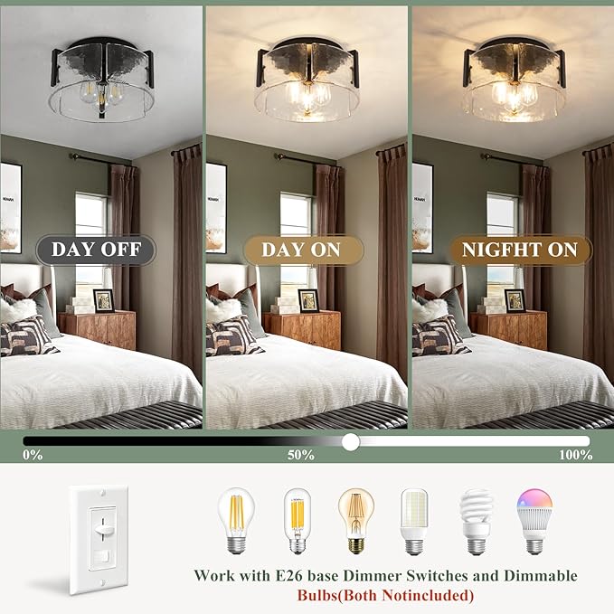 Black Semi Flush Mount Ceiling Light Fixture, Modern Glass Drum Ceiling Lights, 3-Light Hallway Light Fixtures for Kitchen Island, Bedroom, Bathroom, Laundry Room, Entryway