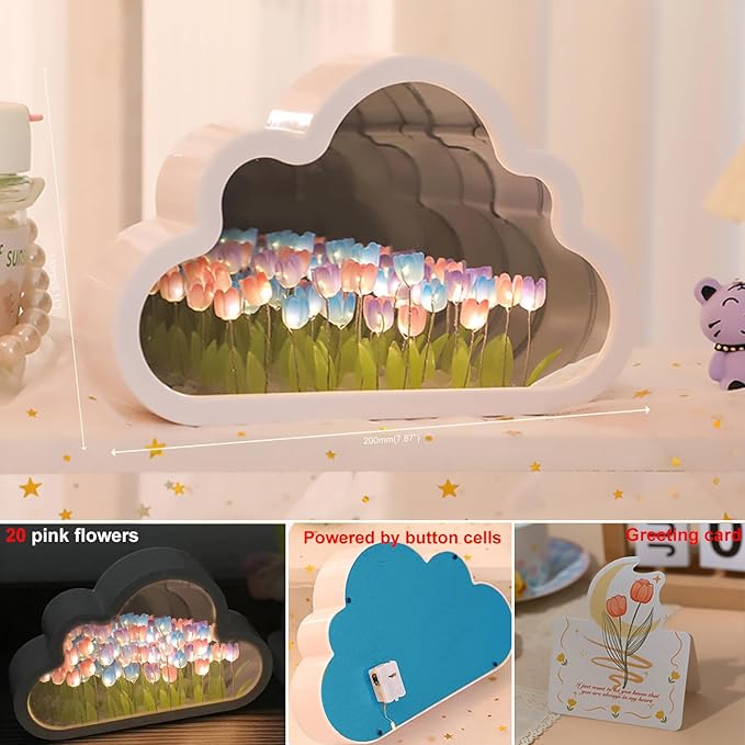 LOGAZOO (20 Flower) Tulip Lamp Night Light with Mirror, Assembled Artificial Flower Lamp Table Light Bedroom Decoration Gift for Women Girlfriend Sisters Desk Table Decor, Cloud Design (Multicolor)