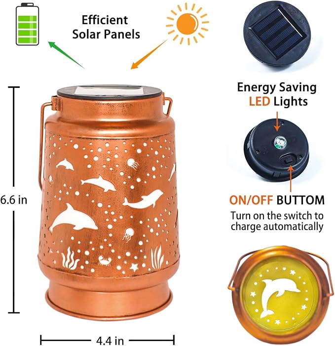 Dolphin Solar Lanterns Outdoor Waterproof Hanging Solar Lights Dolphin Gifts for Women Men Metal Decorative LED Dolphin Lanterns for Garden Decor,Yard,Patio,Lawn,Tabletop,Pathway,Landscape