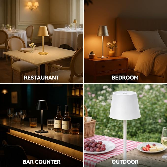 2 Pack Cordless Table Lamps Rechargeable, Battery Operated Touch Dimmable LED Lamp with 3 Color Temperatures, Adjustable Height Wireless Table Lamp for Restaurant, Bar, Bedroom
