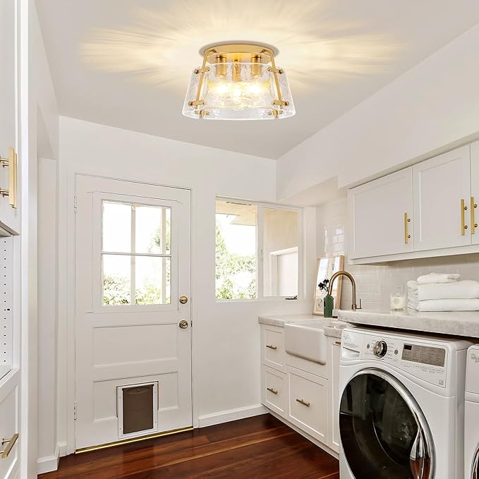 Gold Semi Flush Mount Ceiling Light 3-Light Modern Hammered Glass Chandelier Entryway Light Fixtures Kitchen Lighting Close to Ceiling Lights for Hallway Dining Room Bathroom Bedroom Foyer