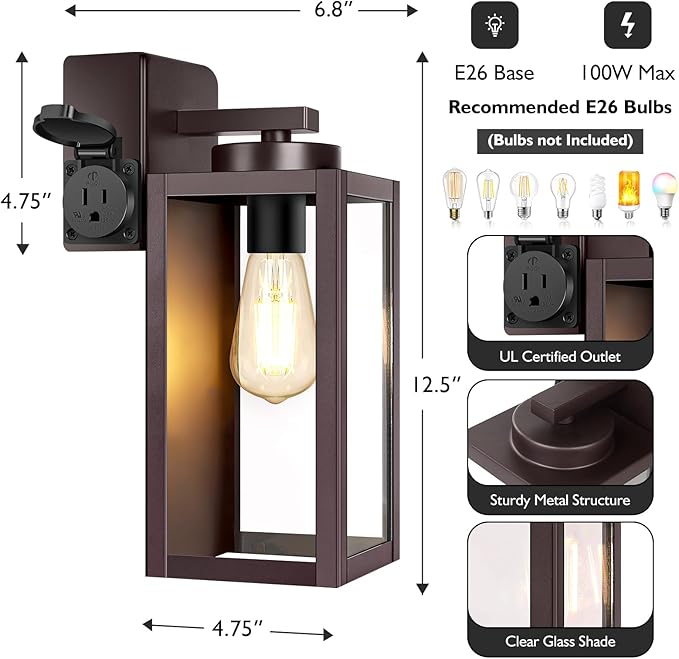 BesLowe 2-Pack Porch Lights with UL Certified Outlet, Modern Outdoor Wall Lights Exterior Lighting Fixtures Waterproof, Exterior Wall Sconces Outside Lights for House Front Door Garage, Brown