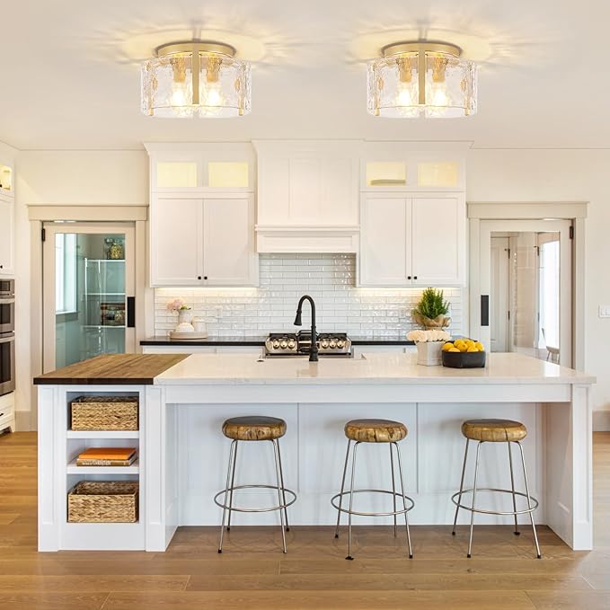 15'' Modern Gold Semi Flush Mount Ceiling Light, 3-Light Glass Drum Light Fixtures, Ceiling Lights for Hallway Entryway Foyer Bedroom Kitchen Island Dining Room Laundry Room Bathroom Lighting Fixture