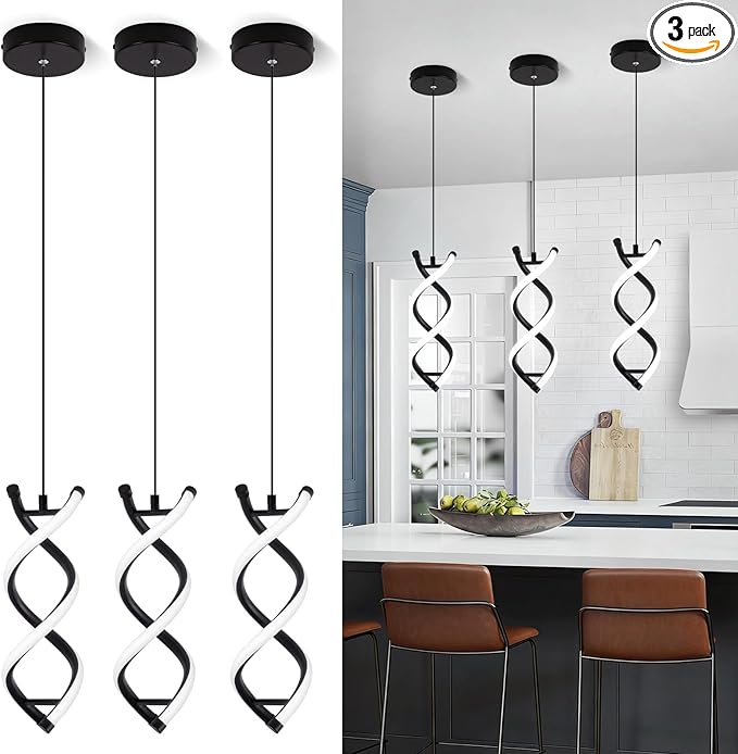 CANEOE Spiral Led Pendant Light Fixture,15W Cold White Light Modern LED Pendant Lamp, Adjustable Kitchen Island Hanging Light Fixture for Dining Room Living Room Bedroom Kitchen Sink, 3 Packs