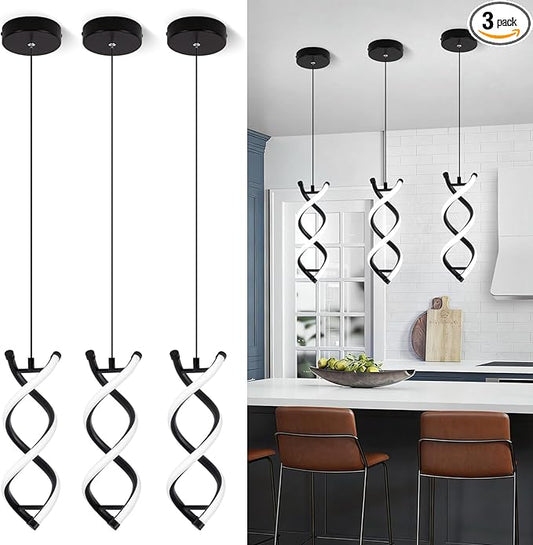 CANEOE Spiral Led Pendant Light Fixture,15W Cold White Light Modern LED Pendant Lamp, Adjustable Kitchen Island Hanging Light Fixture for Dining Room Living Room Bedroom Kitchen Sink, 3 Packs