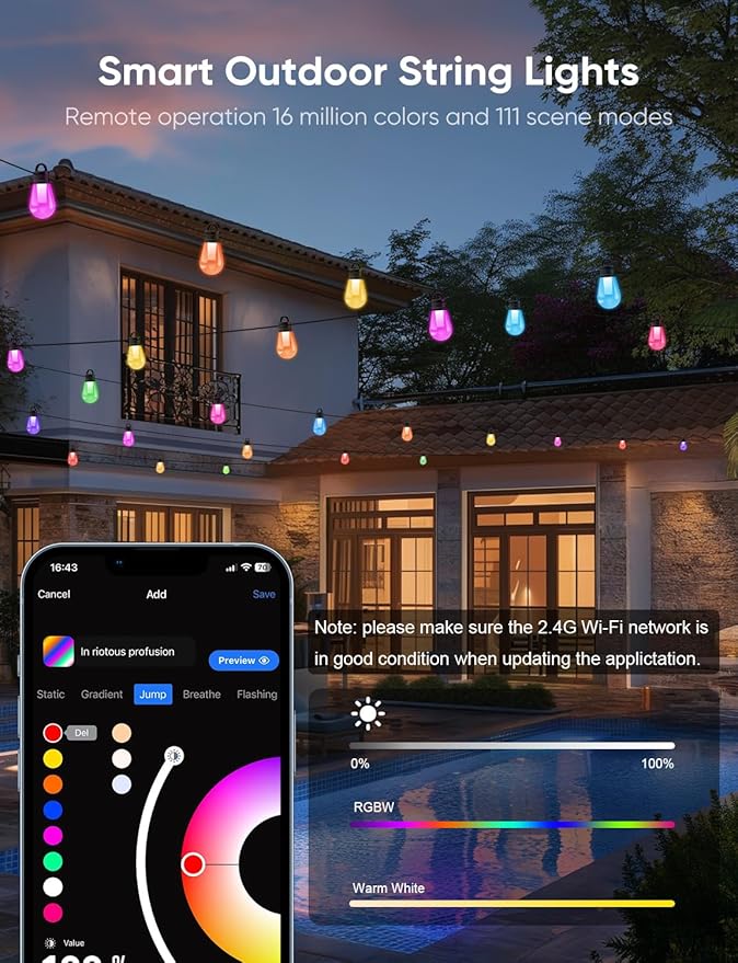 APPECK Outdoor String Lights, 150ft Smart RGBW Patio Lights Outside with 45 LED Bulbs, Extendable, 111 Scene Modes, IP65 Waterproof Lighting for Backyard, Dimmable Warm White, Compatible with Alexa