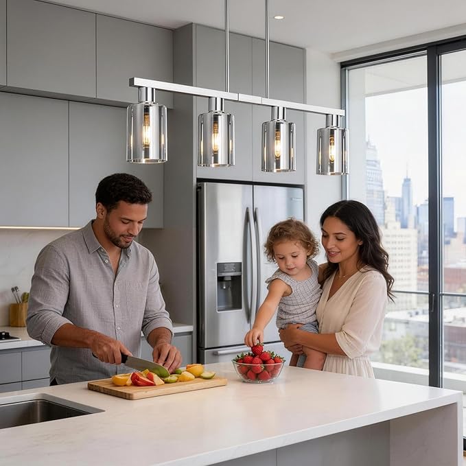 4-Light Kitchen Island Lighting, Chrome Dining Room Light Fixture/Island Light Over Table Hanging for Farmhouse Linear Chandeliers Rustic Ceiling Pendant Light Fixtures with Smoke Gray Glass Shade