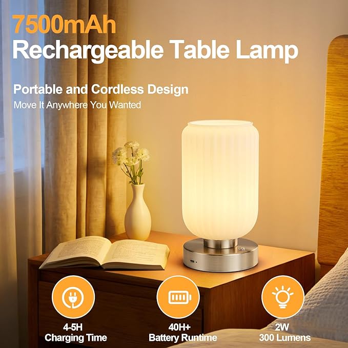 LightRound Cordless Table Lamp for Bedroom, 7500mAh Rechargeable Small Battery Lamp, Modern Touch Dimmable Wireless Lamp Brushed Nickel Base White Glass Shade for Living Room, Desk, Led Bulb Included