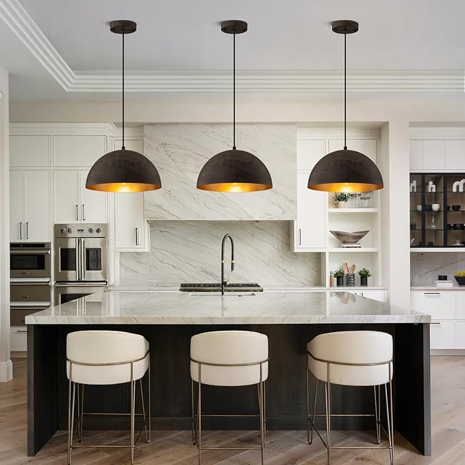 Farmhouse Pendant Light,11.8" Black with Brown Grain Industrial Dome Chandelier 2 Pack,Adjustable Vintage Pendant Lights Kitchen Island for Dining Room,Bedroom,Hallway