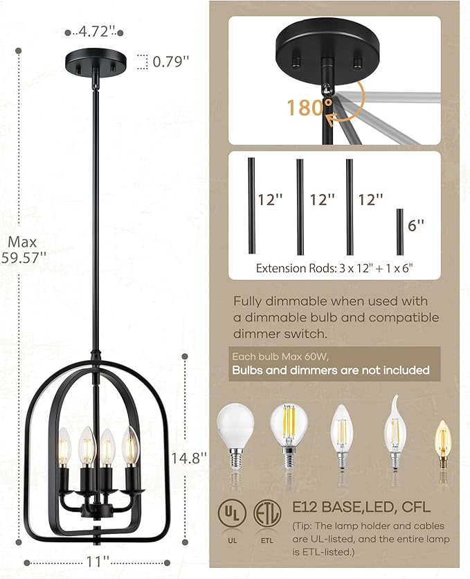 Beionxii 11 Inch Large Pendant Lights Kitchen Island, Black Pendant Lights Kitchen Island, 4-Light Farmhouse Hanging Lights for Kitchen Island, Dining Room, Foyer, Stairway, Hallway, BX-PL04BK