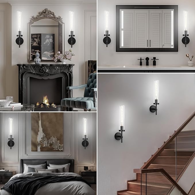 Brass Wall Sconces Set of Two with White Lights, 19.5'' Brushed Brass Knurled Bathroom Vanity Light Fixture with Clear Glass for Living Room Mirror Bedroom Stairs