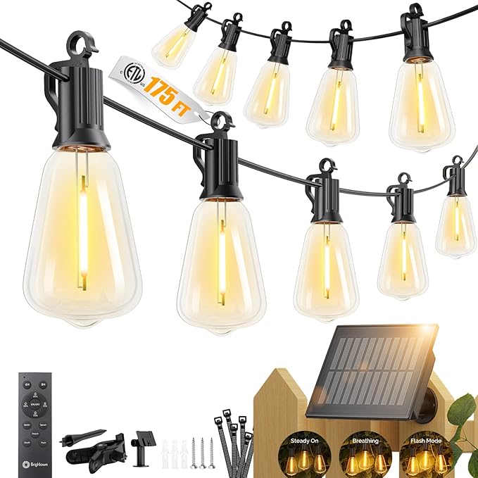 Brightown 175FT Solar String Lights Outdoor Waterproof with Remote, 56+2 LED Shatterproof Bulbs, Dimmable & Timable, 3 Light Modes - Commercial Grade Patio Lights for Garden Backyard Party Decor