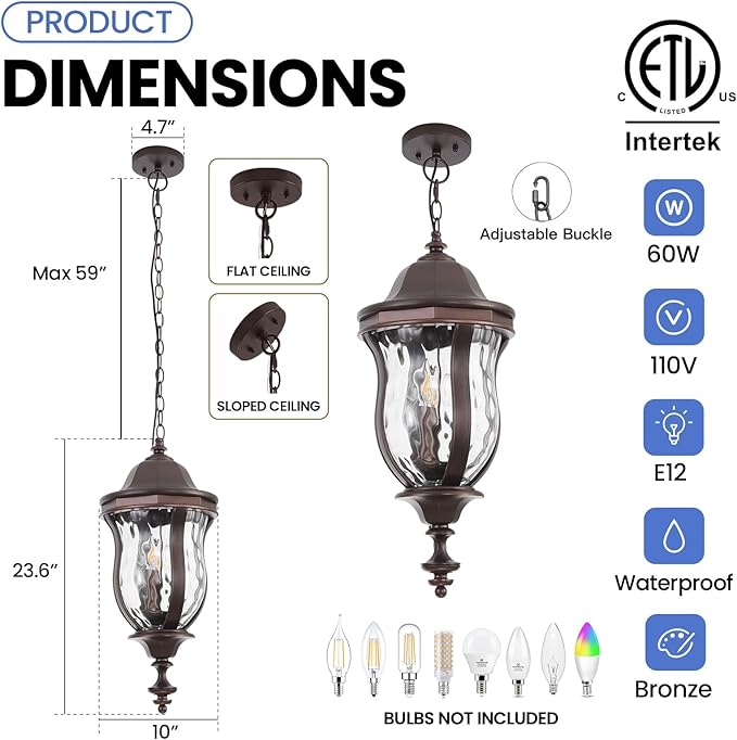 Large Outdoor Pendant Light Fixtures, 23.6'' Exterior Hanging Lantern Porch Light Adjustable, Brown Hanging Lamp Farmhouse Exterior Chandelier Ceiling Mount for Entrance Patio