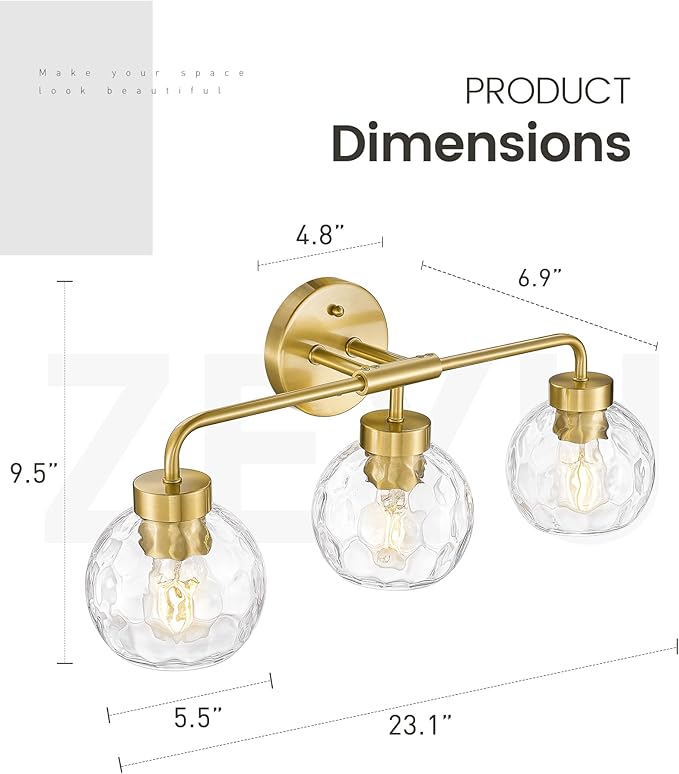 zeyu Modern Bathroom Vanity Light, 23 Inch 3-Light Gold Bathroom Light Fixtures, Water Ripple Globe Glass, Brushed Gold Finish, ZS62BG-3W BG-WG