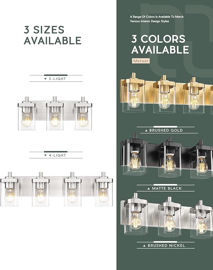 Bathroom Light Fixtures, 4-Light Vanity Light with Square Clear Glass Shade, 25" Brushed Nickel Modern Wall Sconces, Vanity Lighting Fixtures Over Mirror, VL194-BN-4