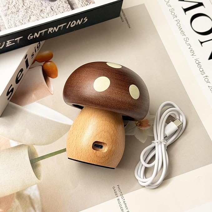 Wooden Mushroom Lamp - Rechargeable Touch Mushroom Light, Aesthetic Bedside Night Light Nature Decor Creative Gifts (Ebony + Beech)