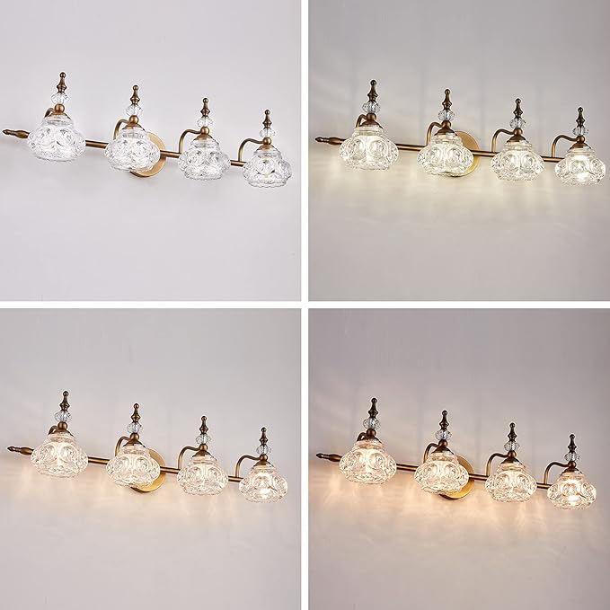 Vintage Vanity Light Fixtures, 4-Light Bathroom Lighting with Crystal Glass Lampshade, Matte Brushed Antique Brass Finish, Vanity Lights for Bathroom Bedroom Hallway