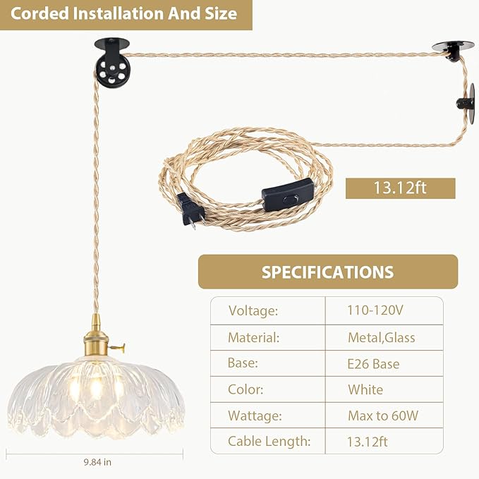 2 Pack Plug in Pendant Light Fixtures, Hanging Light Fixture Glass Pendant Light, Vintage Transparent Hanging Lamp, Pendant Lighting for Kitchen Island, Bedroom, Dining Room, Living Room