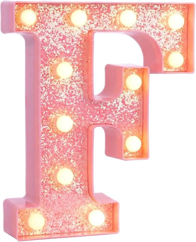 Pink Marquee Light Up Letters, Glitter Alphabet LED Letter Lights for Pink Birthday Party Decorations, Battery Operated Letter Sign for Girls Room Vanity Table Decor, Warm White Lights Letter F