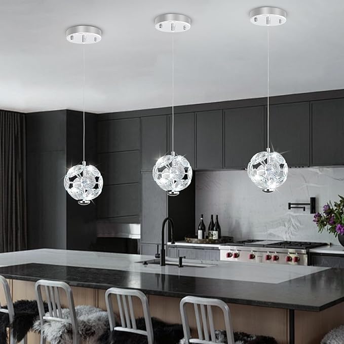 ykolupty Pendant Lights Kitchen Island Crystal Globe Chandelier LED Silver Island Light Crystal Pendant Light for Dining Foyer Entrance