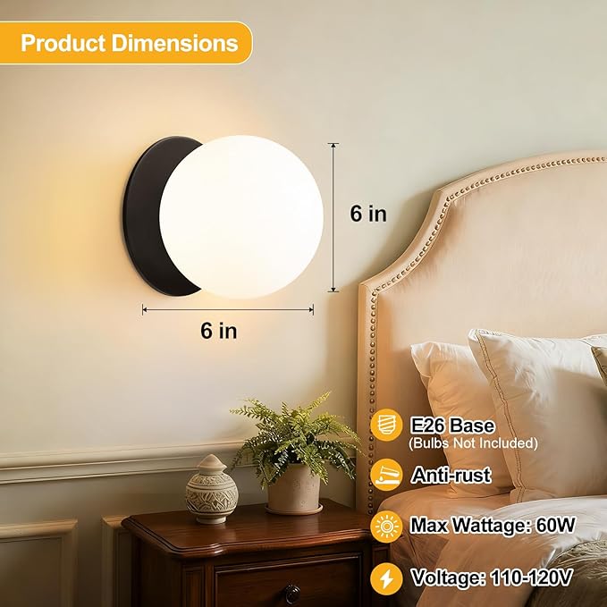2 Pack Modern Matte Black Wall Light Fixtures, Mid-Century Globe Glass Wall Sconces Set of Two for Bathroom Mirror, Living Room, Hallway, Entryway (Bulbs Not Included)