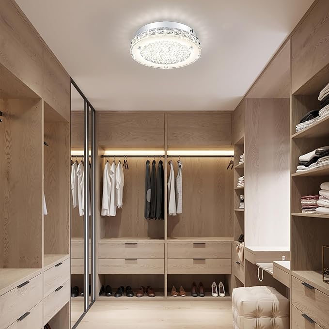 Crystal Ceiling Light Fixture Flush Mount LED Modern Ceiling Light 8.3 Inch Dimmable Crystal Chandeliers for Bedroom, Kitchen, Bathroom, Hallway, Entryway, Dining Room, Foyer, 1320 Lumen, 12W