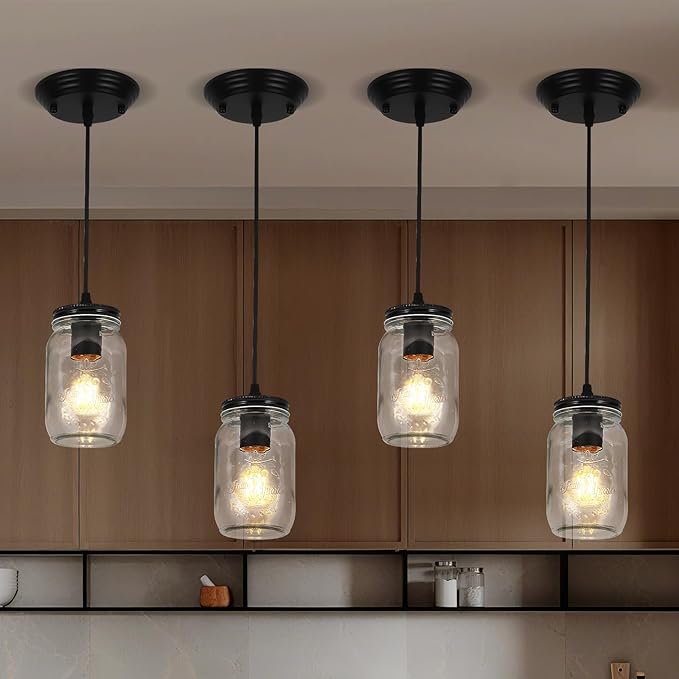 Glass Pendant Lights Kitchen Island, 1-Light Black Pendant Light Fixtures with Mason Jar Clear Glass Shade, Farmhouse Hanging Light for Kitchen Sink Dining Room Bedroom Hallway