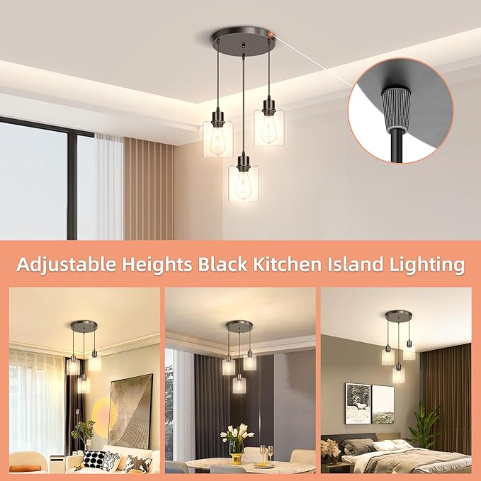 CANMEIJIA 3-Light Pendant Light Fixtures, Black Glass Pendant Lights for Kitchen Island, Industrial Hanging Lighting for Dining Room Bedroom, Modern Ceiling Lamp E26 Base, Bulbs Not Included