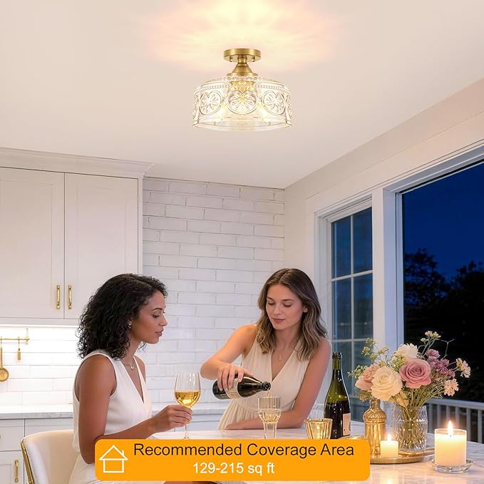 Vintage Gold Semi Flush Mount Ceiling Light Fixture, 3-Light Hallway Light Fixture with Thickened Glass, Close to Ceiling Light for Kitchen, Entryway, Foyer, E12