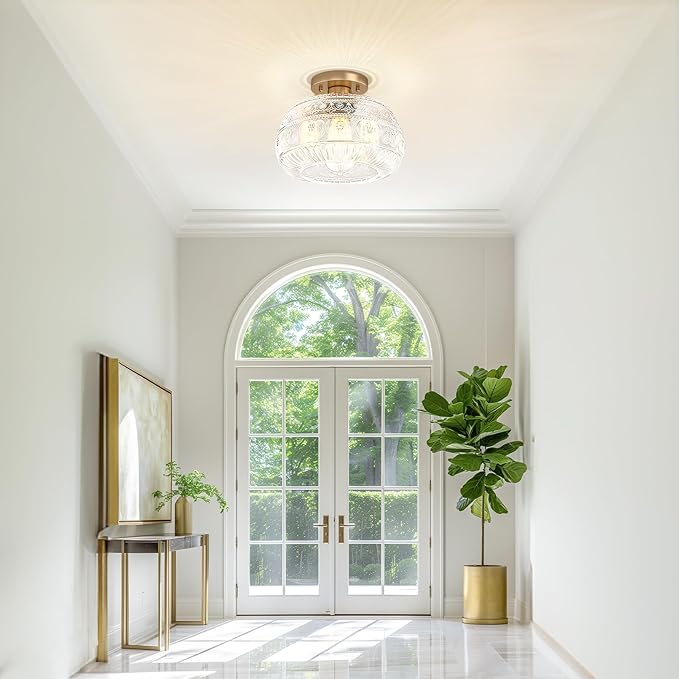 Semi Flush Mount Ceiling Light Fixture, 11" Vintage Gold Hallway Lights Fixture Ceiling with Clear Glass for Kitchen, Hallway, Bathroom and Entry Way,Compatible with E26 Light Bulb