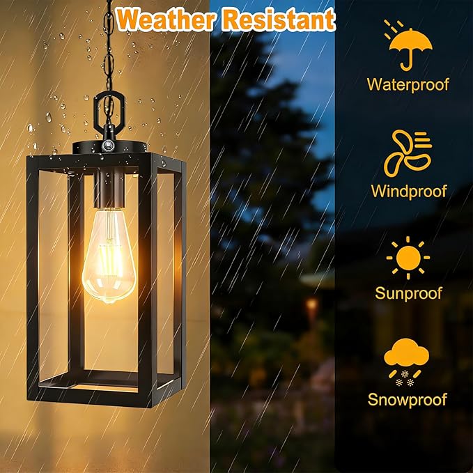 13" Dusk to Dawn Outdoor Pendant Light,Exterior Outside Chandelier Hanging Lantern Light, Matte Black with Clear Glass for Front Door,Porch, Gazebo, Garden.