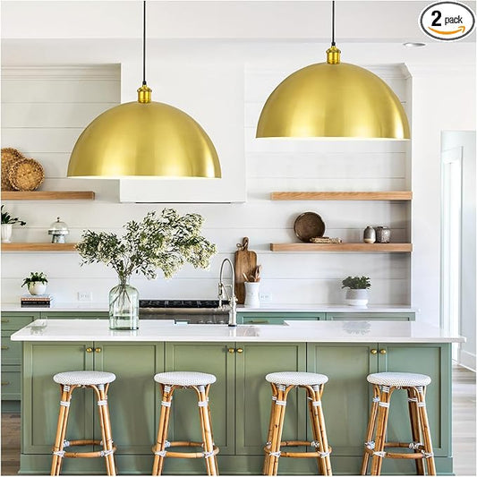 Gold Pendant Light, 20" Farmhouse Ceiling Light with Gold and White, Elegant Semi-Circular Shade Design, Adjustable Height Industrial Dome Pendant Lights for Kitchen Island, Dining Room