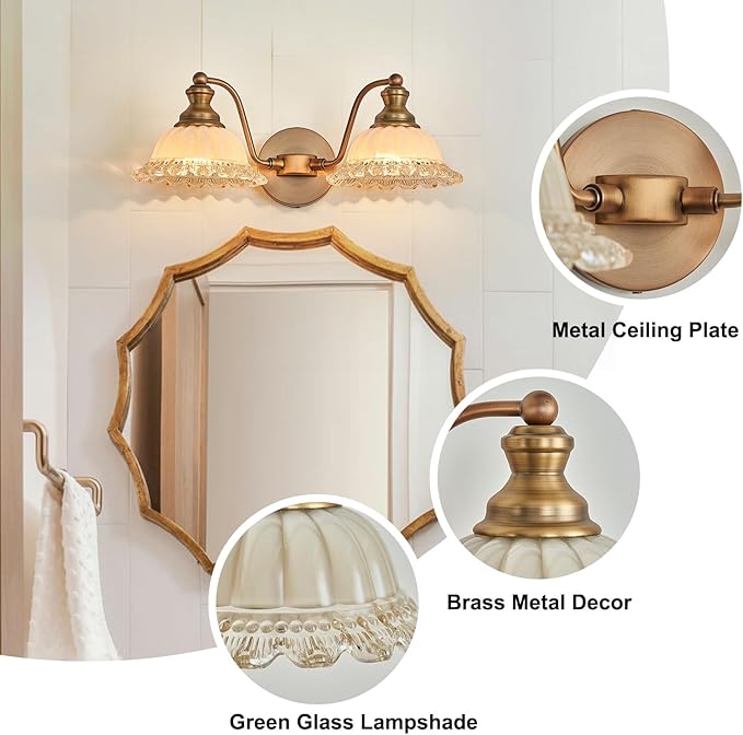 XIEDUN Vintage Vanity Light Brushed Brass 2 Light Vanity Lights for Bathroom Vanity Light Fixtures