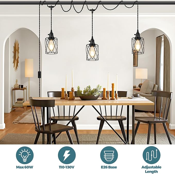 3-Light Plug in Pendant Light, 19FT Hanging Lights with Plug in Cord and On/Off Switch, Industrial Twisted Black Rope Hanging Pendant Fixtures with Metal Shade for Dining Room Kitchen Bedroom