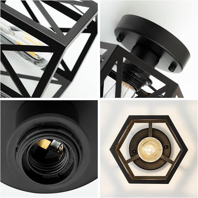 Modern Semi Flush Mount Ceiling Light,1-Light Hexagon Flush Mount Ceiling Lights for Dining Room Light Fixture,Farmhouse Black Metal Kitchen Island Lighting Fixtures for Hallway,Bathroom