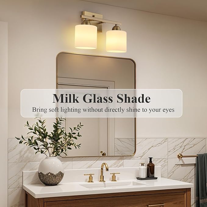 Mecgirn Milk Glass Vanity Lights for Bathroom, 2 Light Brass Bathroom Light Fixtures Over Mirror, Ceramic E26 Sockets Wall Mounted