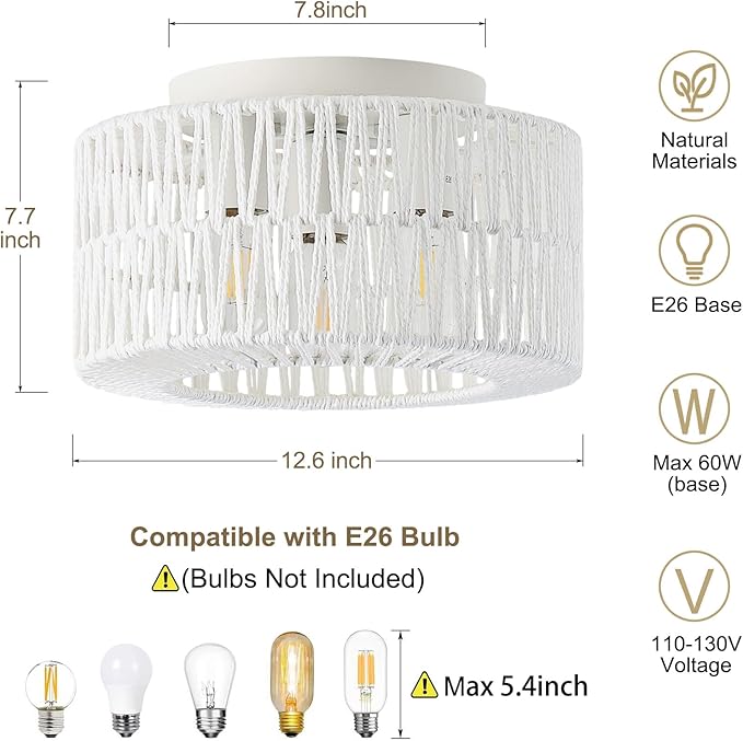 12.6”Rattan Flush Mount Ceiling Light Fixtures, 3-Light Boho Light Fixture Rattan Hand-Woven Chandelier Close to Ceiling Light Fixture for Bedroom Hallway Kitchen Dining Room Nursery(White)