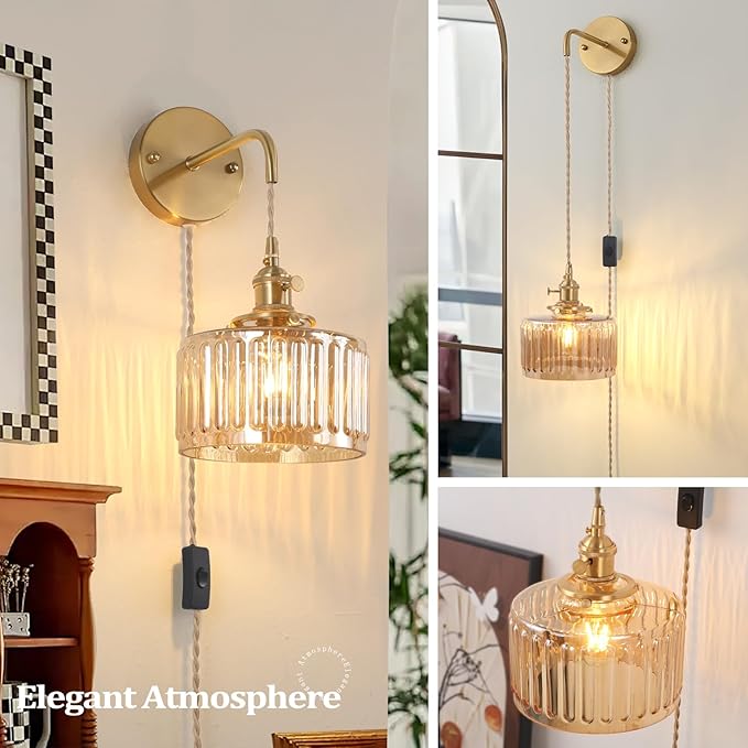 Shenmoyl Vintage Wall Sconce with Amber Striped Glass Shade Hanging Wall Sconce with 4.9FT Plug in Cord, Modern Wall Lamp Fixtures Decor for Bedside Bedroom Indoor Doorway, Set of 2
