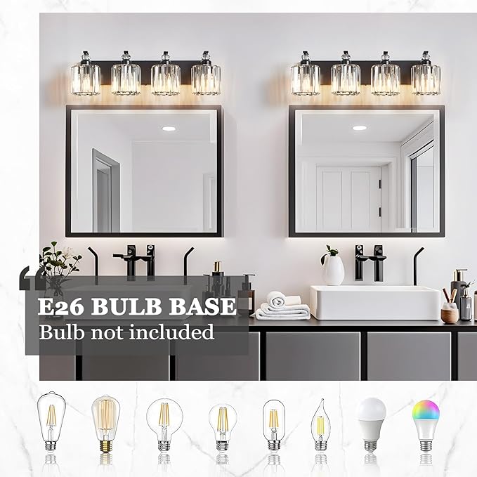 4-Light Black Bathroom Light Fixture Modern Vanity Lights Over Mirror Vintage Wall Sconce Lighting for Bathroom, Bedroom, Living Room, Hallway E26 Base with Crystal Bathroom Vanity Light